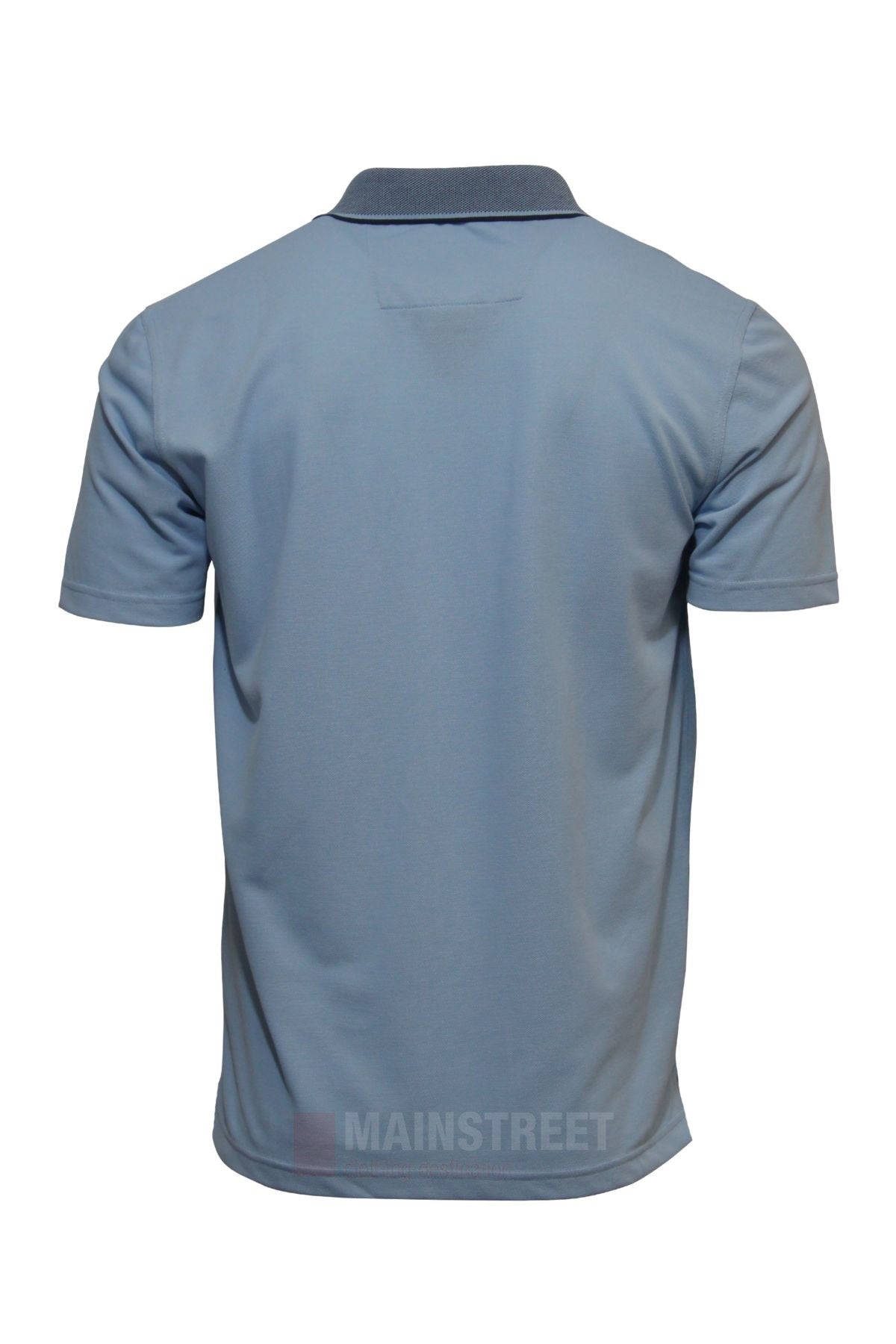 The Blue Horizon Plain Polo is a light blue, short-sleeve shirt with a folded collar and simple design. Made from a soft Polyester/Cotton blend, it's comfortable and perfect for casual everyday wear. Shown here from the back.