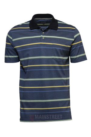 The Blue Horizon Striped Polo is a men's casual shirt with short sleeves, blue, green, yellow, and white stripes, a black collar, button placket, and a left chest pocket.