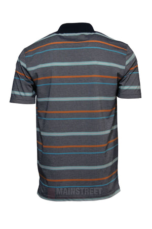 Back view of the Blue Horizon Striped Polo, a men’s short-sleeve polo with blue, gray, and orange horizontal stripes and "MAINSTREET" printed near the bottom hem, displayed flat on a white background.