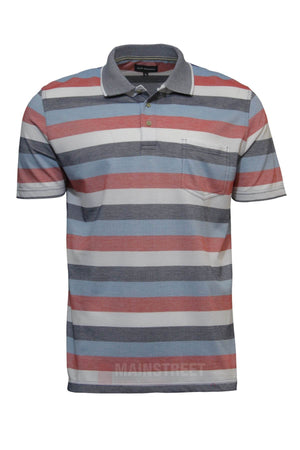 The Blue Horizon Striped Polo is a men's casual shirt with blue, gray, white, and red horizontal stripes, a classic collar, front button placket, and left chest pocket for timeless style and comfort.