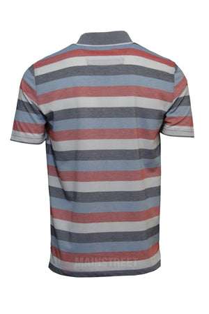 The Blue Horizon Striped Polo features grey, blue horizon, and red stripes, short sleeves, a collar, and a classic regular fit for timeless men’s casual style. Shown from the back.