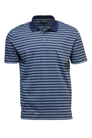The Blue Horizon Striped Polo features blue and navy horizontal stripes, short sleeves, a classic 3-button collar, and a front chest pocket—ideal as a men’s casual shirt.