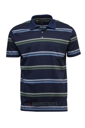 The Blue Horizon Striped Polo features navy blue with light blue and white stripes, a collar, buttoned neckline, and chest pocket—making it the perfect casual shirt for men.