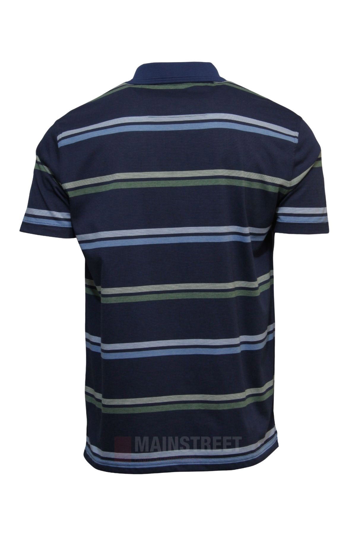 Back view of the Blue Horizon Striped Polo, a classic men's short-sleeve shirt in navy blue with light blue and olive green stripes, featuring a collar and "MAINSTREET" subtly near the bottom hem.