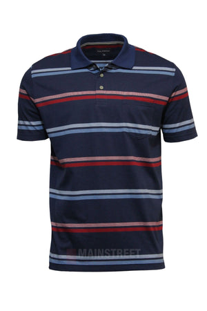 The Blue Horizon Striped Polo is a navy blue men's short-sleeve shirt with a collar, buttons, chest pocket, and horizontal red, light blue, and white stripes for a stylish look.