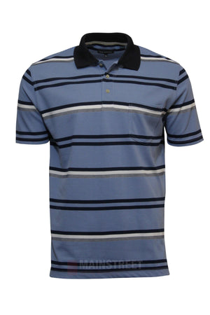 The Blue Horizon Striped Polo is a men's casual shirt with short sleeves, black, white, and gray horizontal stripes, a black collar, and a front chest pocket.