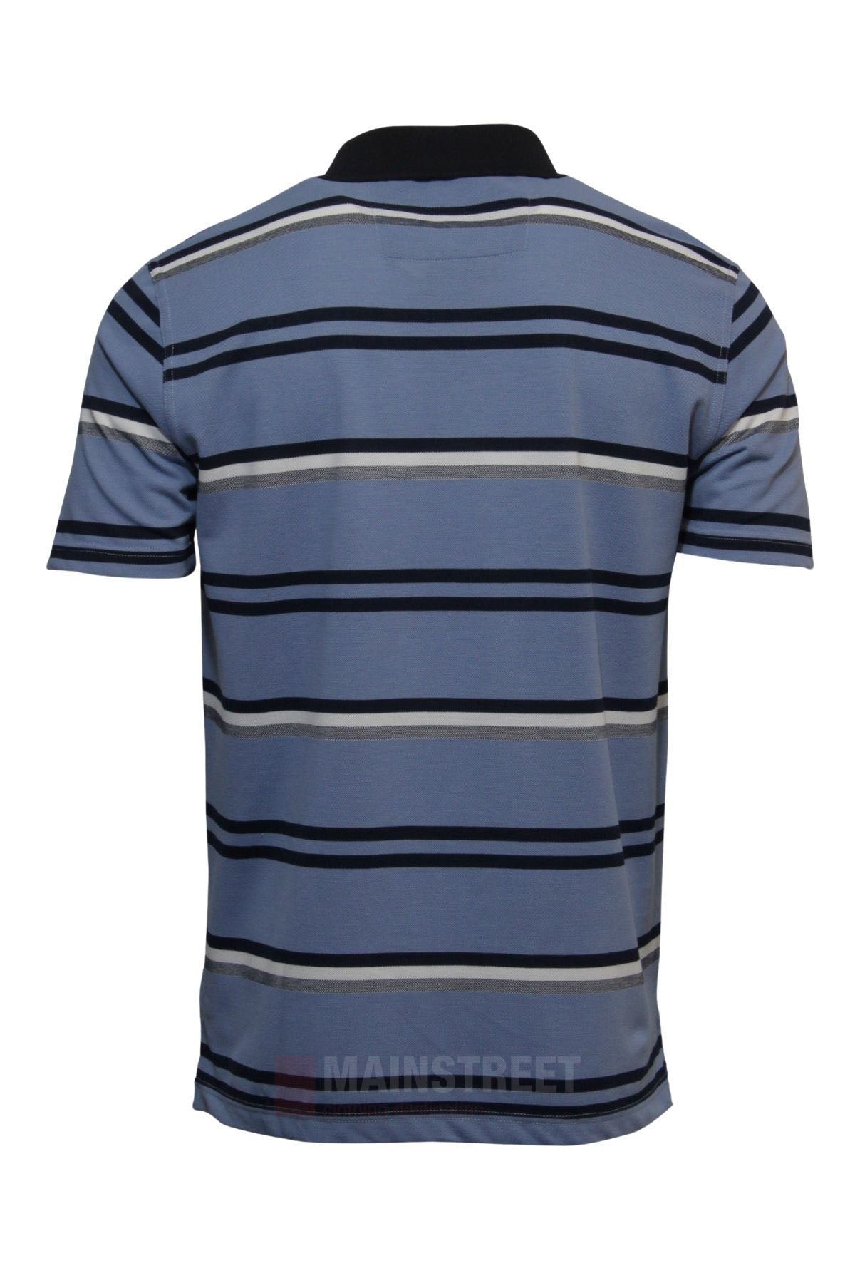 The Blue Horizon Striped Polo is a men's casual shirt with blue, black, and white horizontal stripes and a black collar, shown from the back against a white background—perfect for adding fresh style to your wardrobe.