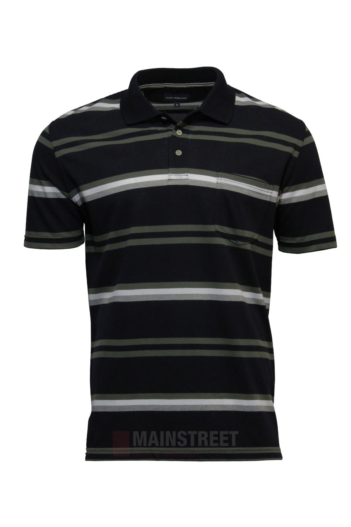 The Blue Horizon Striped Polo is a men's casual shirt in black with short sleeves, horizontal white, gray, and green stripes, a classic collar with buttoned placket, and a left chest pocket.