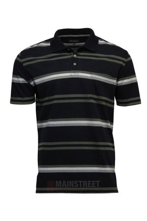 The Blue Horizon Striped Polo is a men's casual shirt in black with short sleeves, horizontal white, gray, and green stripes, a classic collar with buttoned placket, and a left chest pocket.