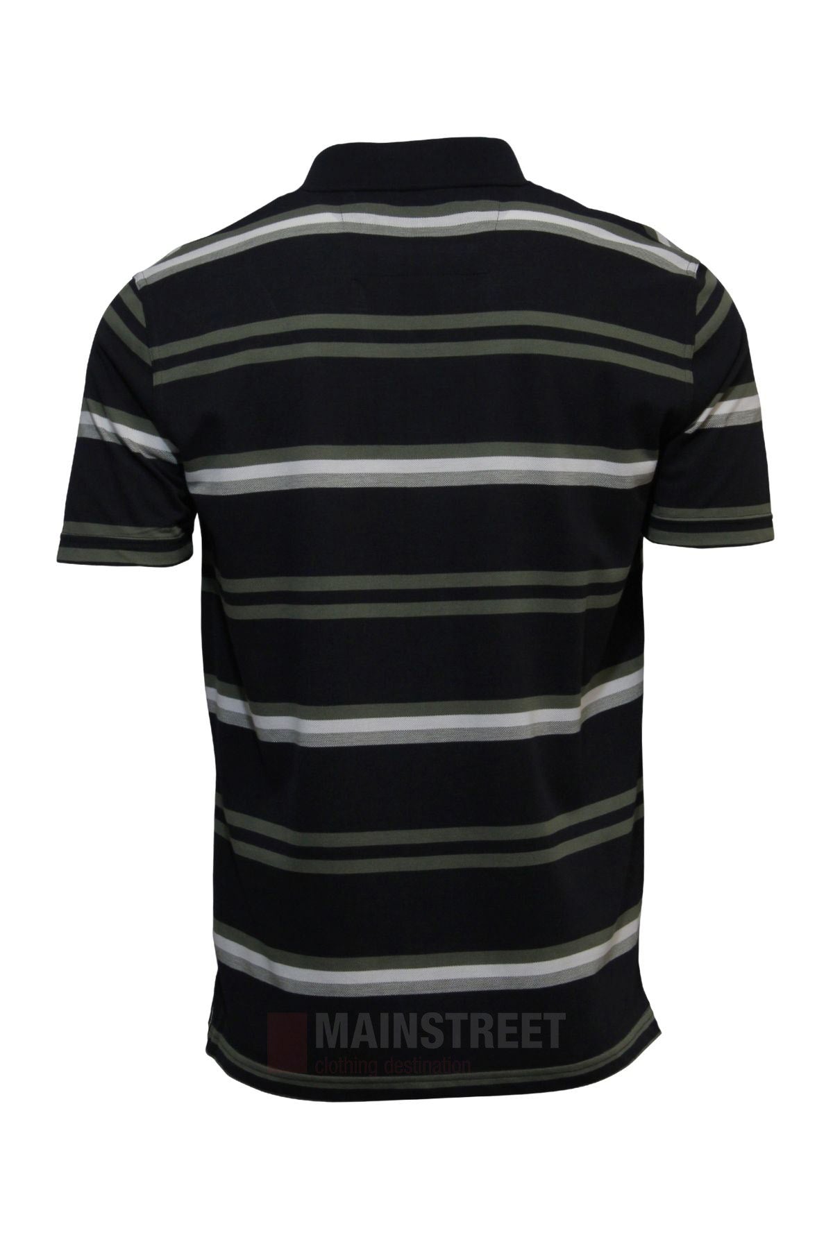 The Blue Horizon Striped Polo is a men's short-sleeved shirt featuring black, white, and olive green horizontal stripes, shown from the back against a plain white background—a classic choice for everyday wear.