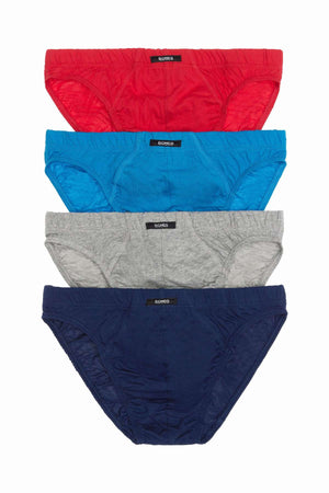 Four pairs from the Bonds 4PK Action Brief men’s underwear pack in red, blue, gray, and navy are stacked vertically, each with a black Bonds label on the waistband.