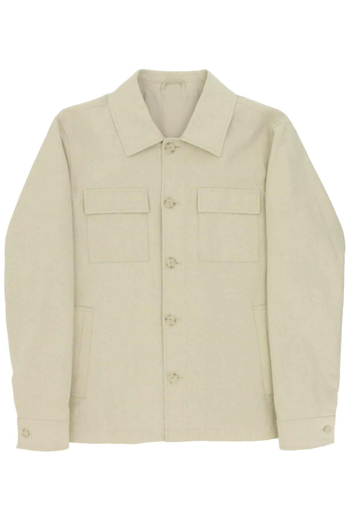 Boston Chase Linen Cotton Jacket with a collar, two chest pockets with flaps, two side pockets, and buttoned cuffs, laid flat on a white background. This versatile jacket features a breathable design, making it perfect for layering in any season.