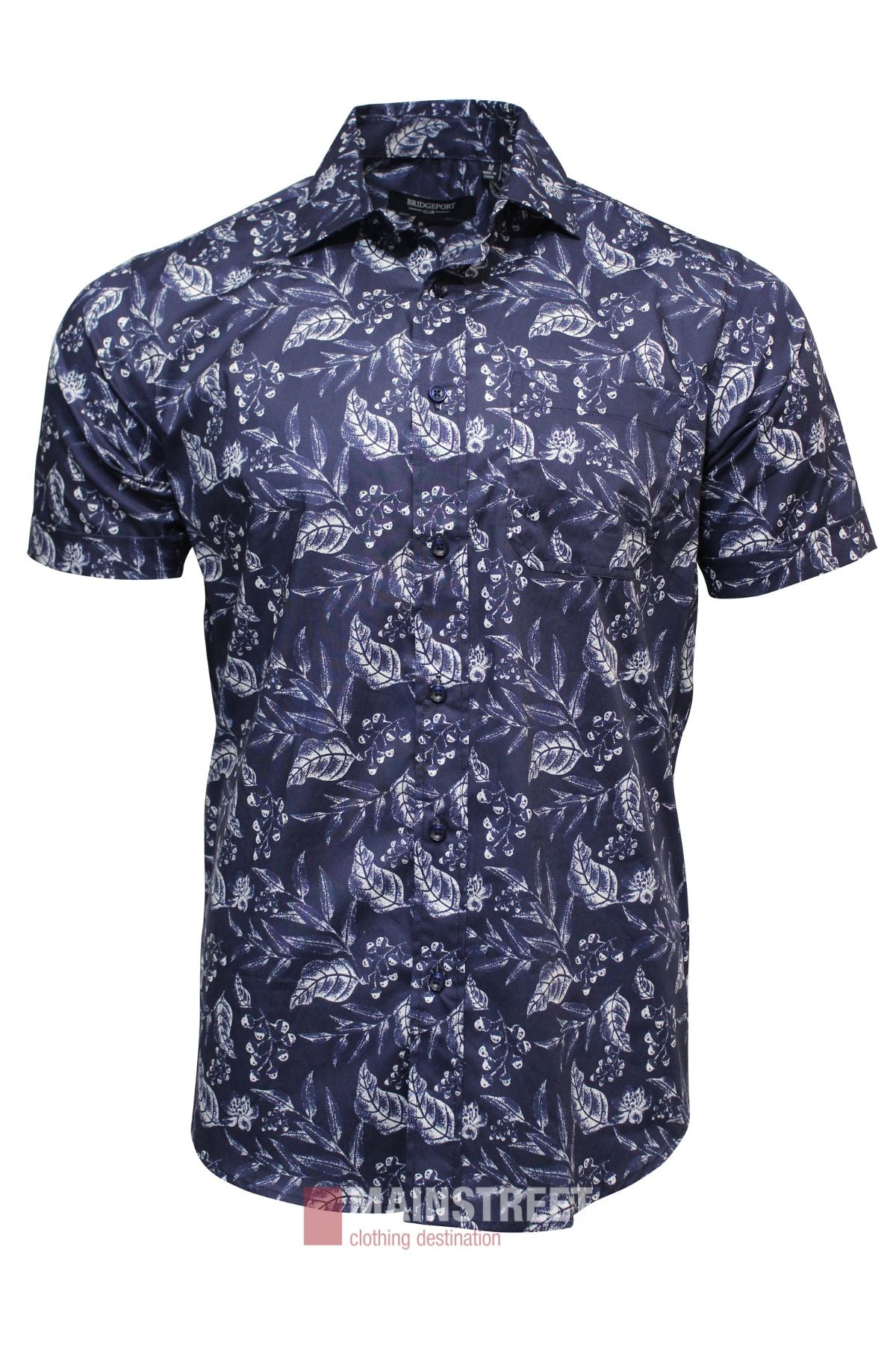 The Bridgeport Cotton Stretch Short Sleeve Shirt features a navy blue color with a white floral and paisley pattern, combining comfort, stretch cotton fabric, and style; shown against a plain white background.