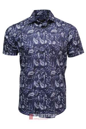 The Bridgeport Cotton Stretch Short Sleeve Shirt features a navy blue color with a white floral and paisley pattern, combining comfort, stretch cotton fabric, and style; shown against a plain white background.