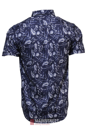 The Bridgeport Cotton Stretch Short Sleeve Shirt, shown from the back, features a navy blue base with a white floral and leaf pattern, short sleeves, a collar, tailored fit, and offers all-day comfort.