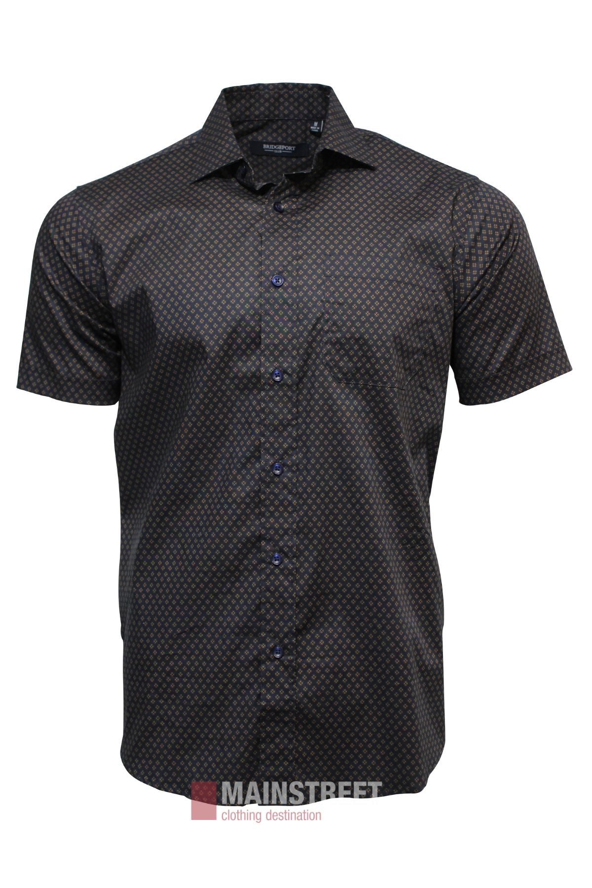 The Bridgeport Cotton Stretch Short Sleeve Shirt for men is black with a small geometric pattern, blue buttons, and a comfortable stretch fit. Displayed on a white background, it features the "MAINSTREET clothing destination" logo at the bottom.
