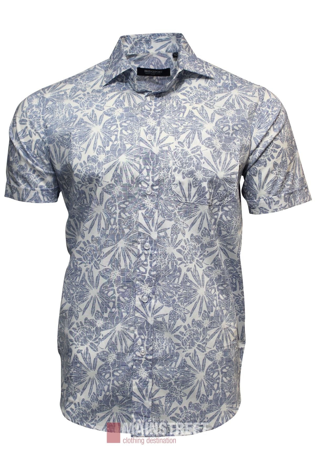 The Bridgeport Cotton Stretch Short Sleeve Shirt features a blue and white floral pattern, classic collar, and tailored fit, shown on an invisible mannequin.