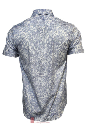 The Bridgeport Cotton Stretch Short Sleeve Shirt features a blue and white floral pattern, classic collar, and neat finish. Shown from the back, its cotton stretch fabric offers comfort with timeless style.
