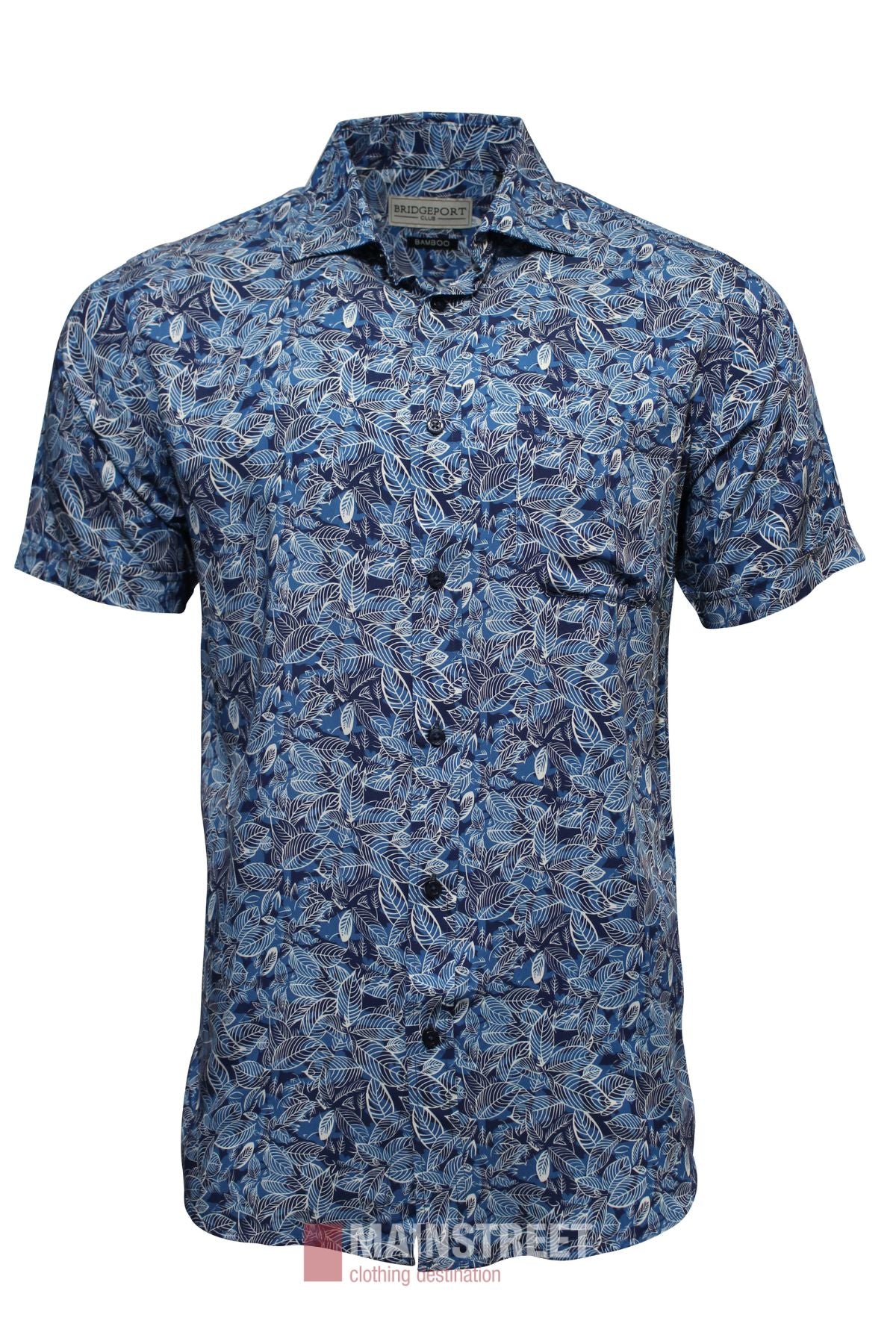 The Bridgeport Bamboo Short Sleeve Shirt features a blue and white tropical leaf pattern, button-up front, relaxed fit, and is shown on a plain white background.