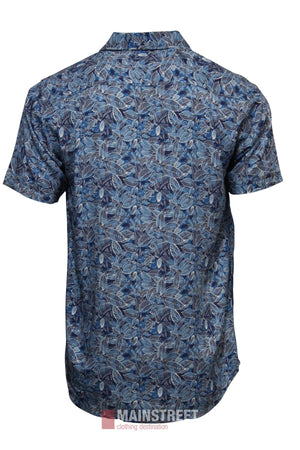 The Bridgeport Bamboo Short Sleeve Shirt features a blue and white tropical leaf pattern, shown from the back. The MAINSTREET clothing destination logo appears at the bottom, making this relaxed-fit shirt perfect for laid-back summer days.