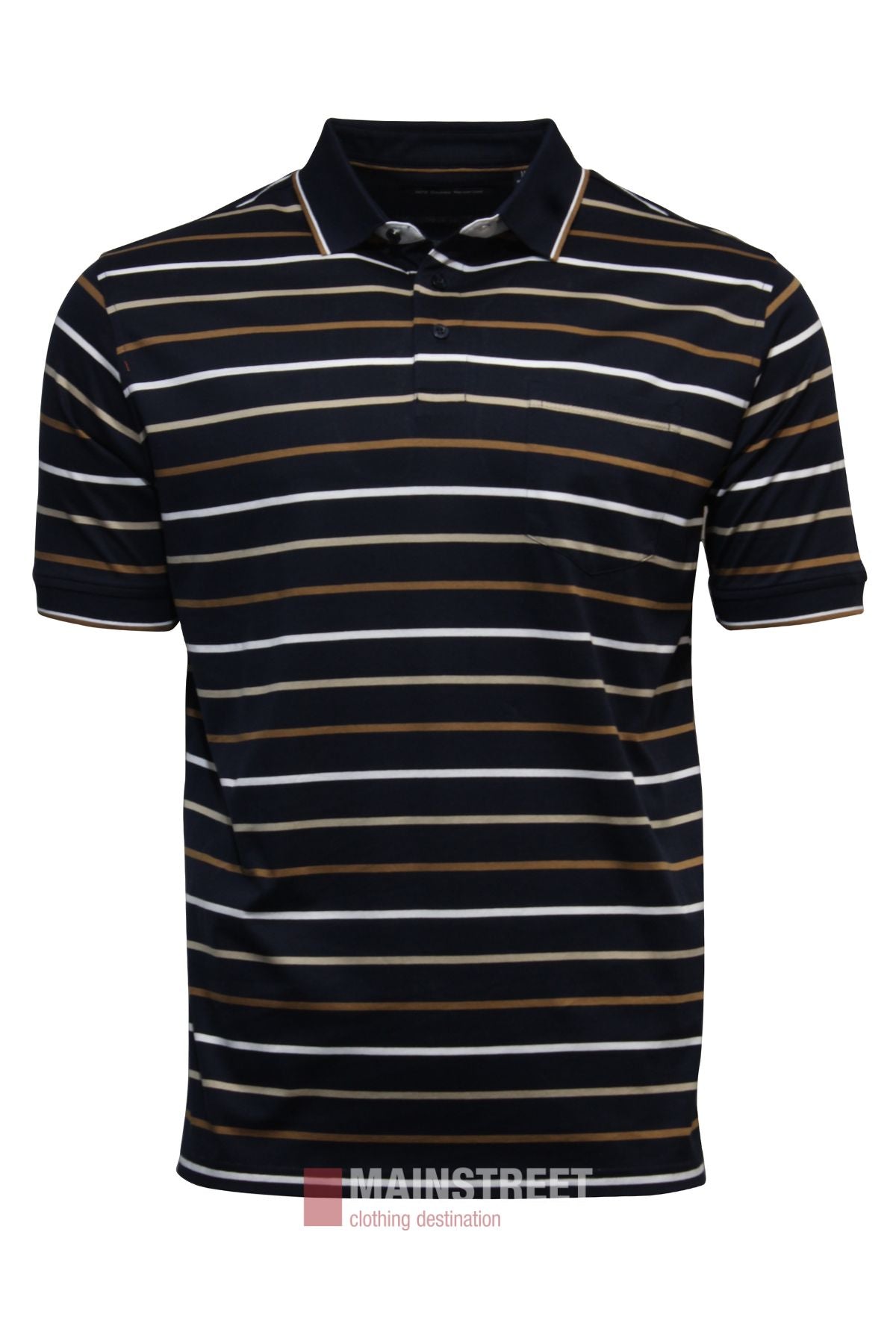 The Bridgeport Double Mercerised Polo Shirt features short sleeves, a collar, chest pocket, and navy blue, white, and tan horizontal stripes, displayed against a plain background.