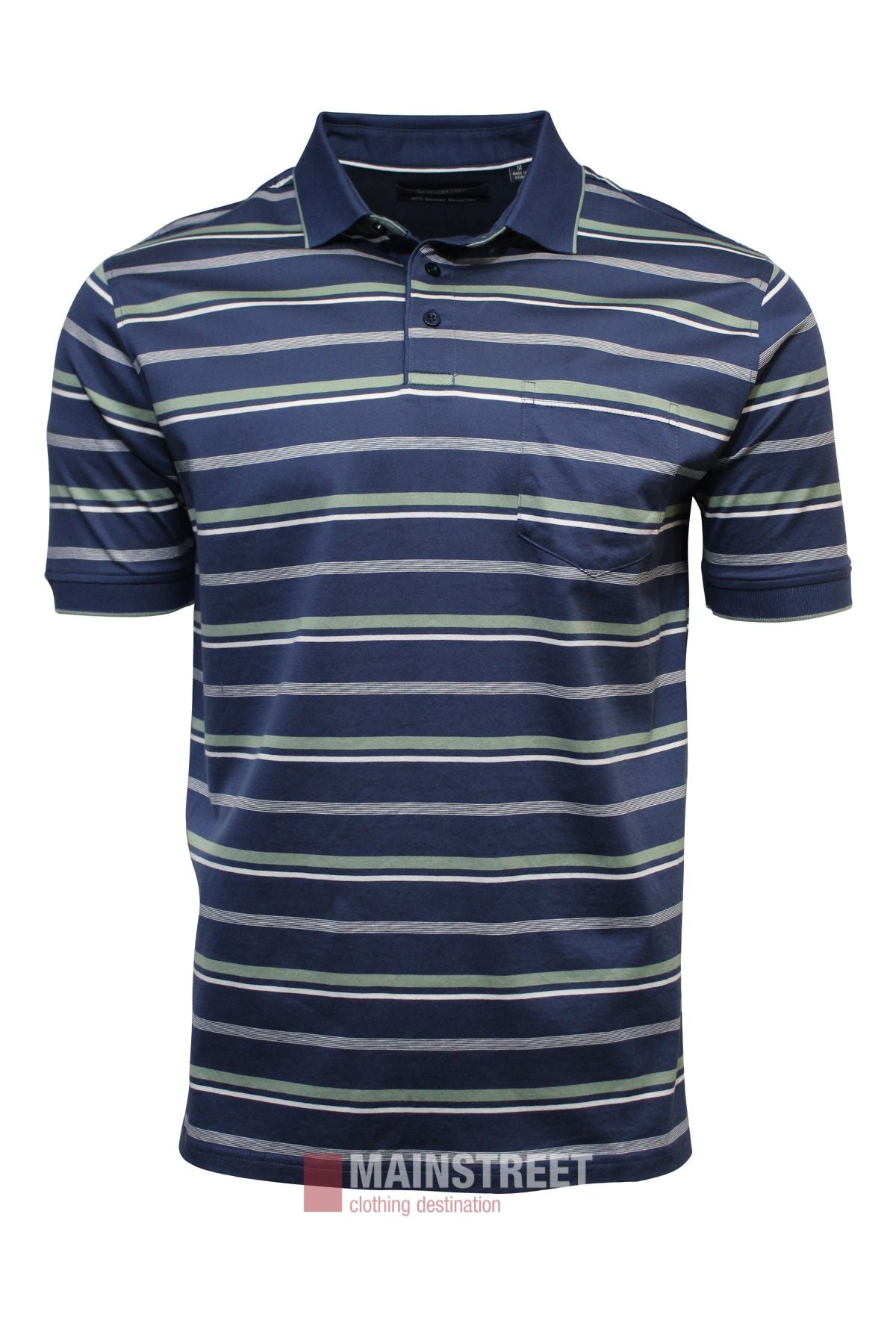 The Bridgeport Double Mercerised Polo Shirt is a men's navy blue polo with light blue, white, and green stripes. Made from 100% cotton, it features a collar, buttons, chest pocket, and is shown on a plain white background.