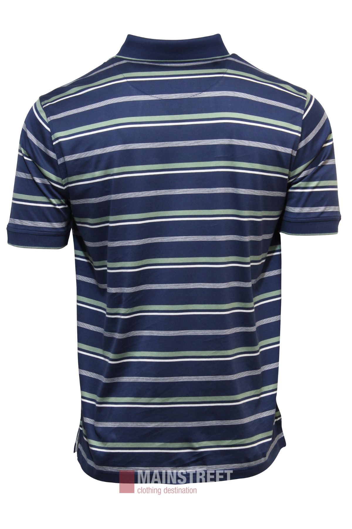 The Bridgeport Double Mercerised Polo Shirt is shown from the back in navy blue with white, light blue, and green horizontal stripes. Made from 100% cotton for comfort and style.