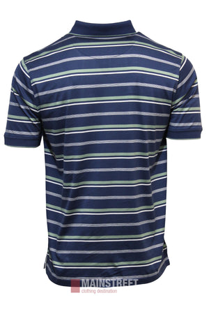 The Bridgeport Double Mercerised Polo Shirt is shown from the back in navy blue with white, light blue, and green horizontal stripes. Made from 100% cotton for comfort and style.