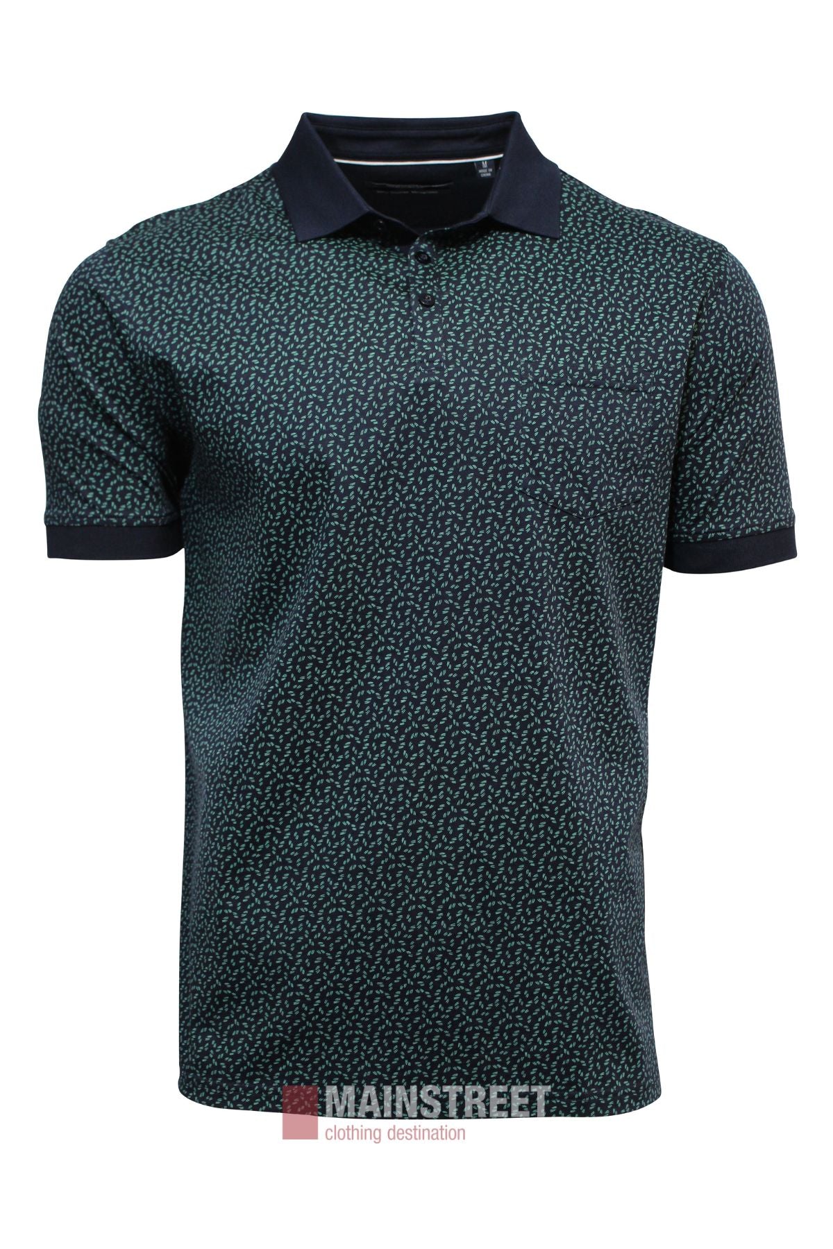 The Bridgeport Double Mercerised Polo Shirt features short sleeves, a dark base with a small geometric all-over print, black collar and cuffs. The MAINSTREET clothing destination logo appears at the bottom of the image.