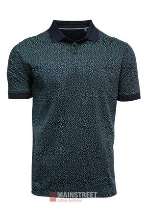The Bridgeport Double Mercerised Polo Shirt features short sleeves, a dark base with a small geometric all-over print, black collar and cuffs. The MAINSTREET clothing destination logo appears at the bottom of the image.