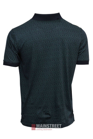 Back view of the Bridgeport Double Mercerised Polo Shirt, a short-sleeve, dark 100% cotton polo with a subtle small print pattern and black collar/sleeve edges. The MAINSTREET logo is at the bottom center.