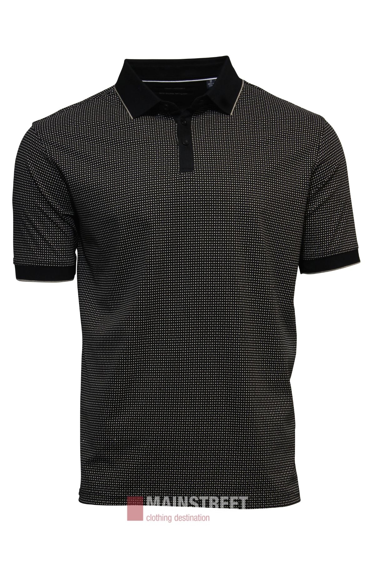 The Bridgeport Double Mercerised Polo Shirt features short sleeves, a black color with a white dotted pattern, black collar and cuffs, and is made from 100% premium cotton. Displayed against a plain white background.