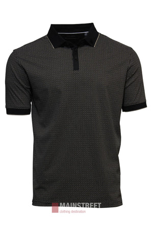 The Bridgeport Double Mercerised Polo Shirt features short sleeves, a black color with a white dotted pattern, black collar and cuffs, and is made from 100% premium cotton. Displayed against a plain white background.