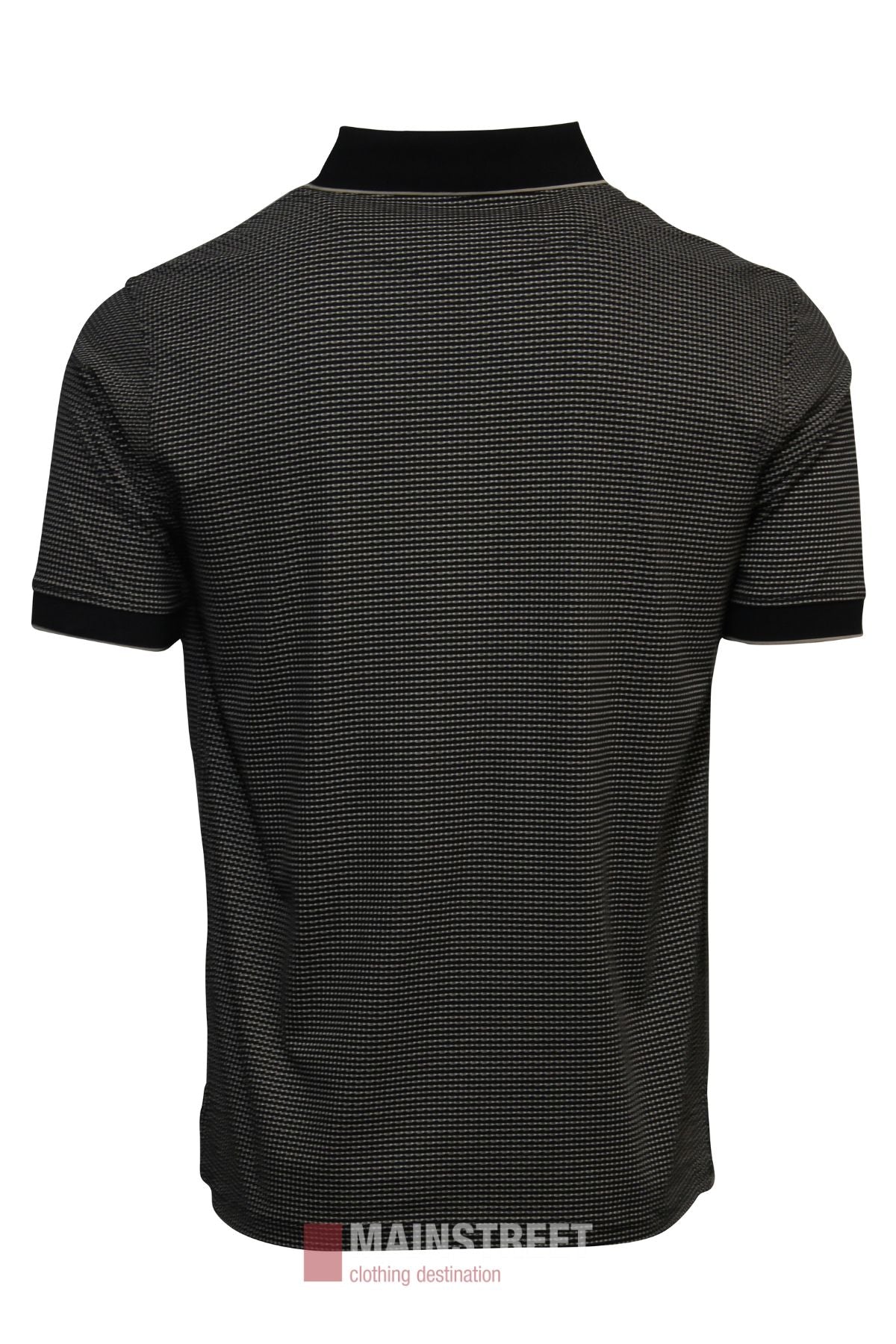 Bridgeport Double Mercerised Polo Shirt in black, featuring short sleeves, a subtle small checkered pattern, black collar and sleeve cuffs. Shown from the back with the Mainstreet Clothing Destination logo at the bottom.
