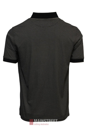 Bridgeport Double Mercerised Polo Shirt in black, featuring short sleeves, a subtle small checkered pattern, black collar and sleeve cuffs. Shown from the back with the Mainstreet Clothing Destination logo at the bottom.