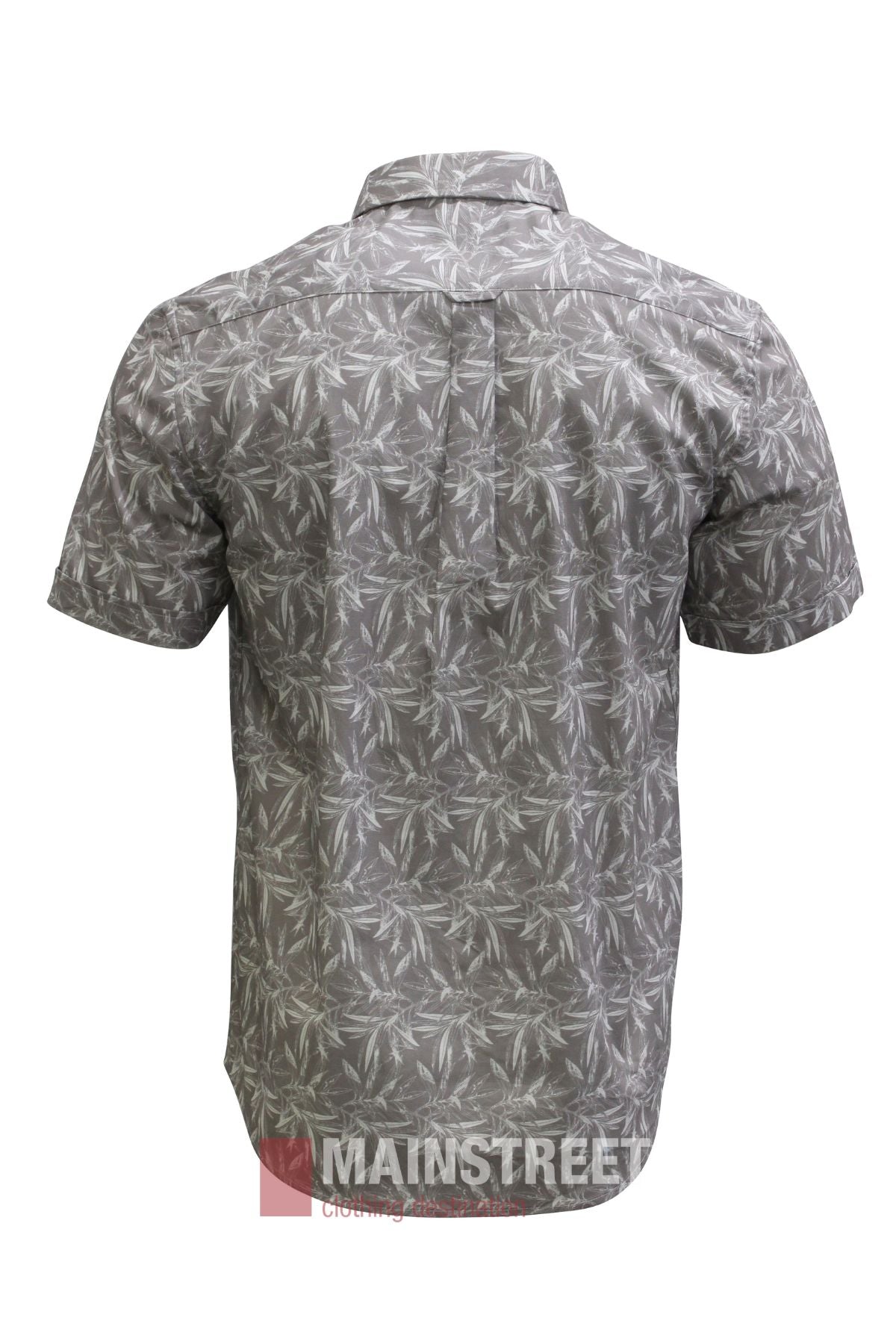 Back view of the Bridgeport Luxe Premium Cotton Short Sleeve Shirt in grey, featuring an all-over white leaf pattern.