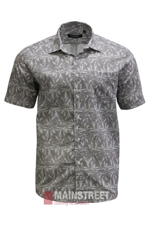 Bridgeport Luxe Premium Cotton Short Sleeve Shirt in grey with a white leaf print and a chest pocket.