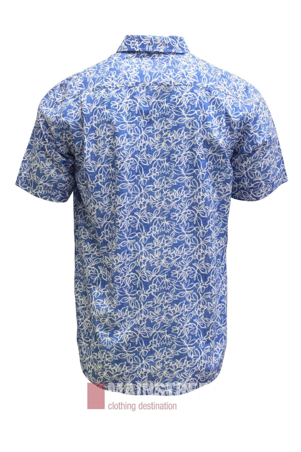 Back view of the Bridgeport Luxury Soft Touch Bamboo Cotton Short Sleeve, a breathable blue button-down shirt with a white botanical line-art pattern.