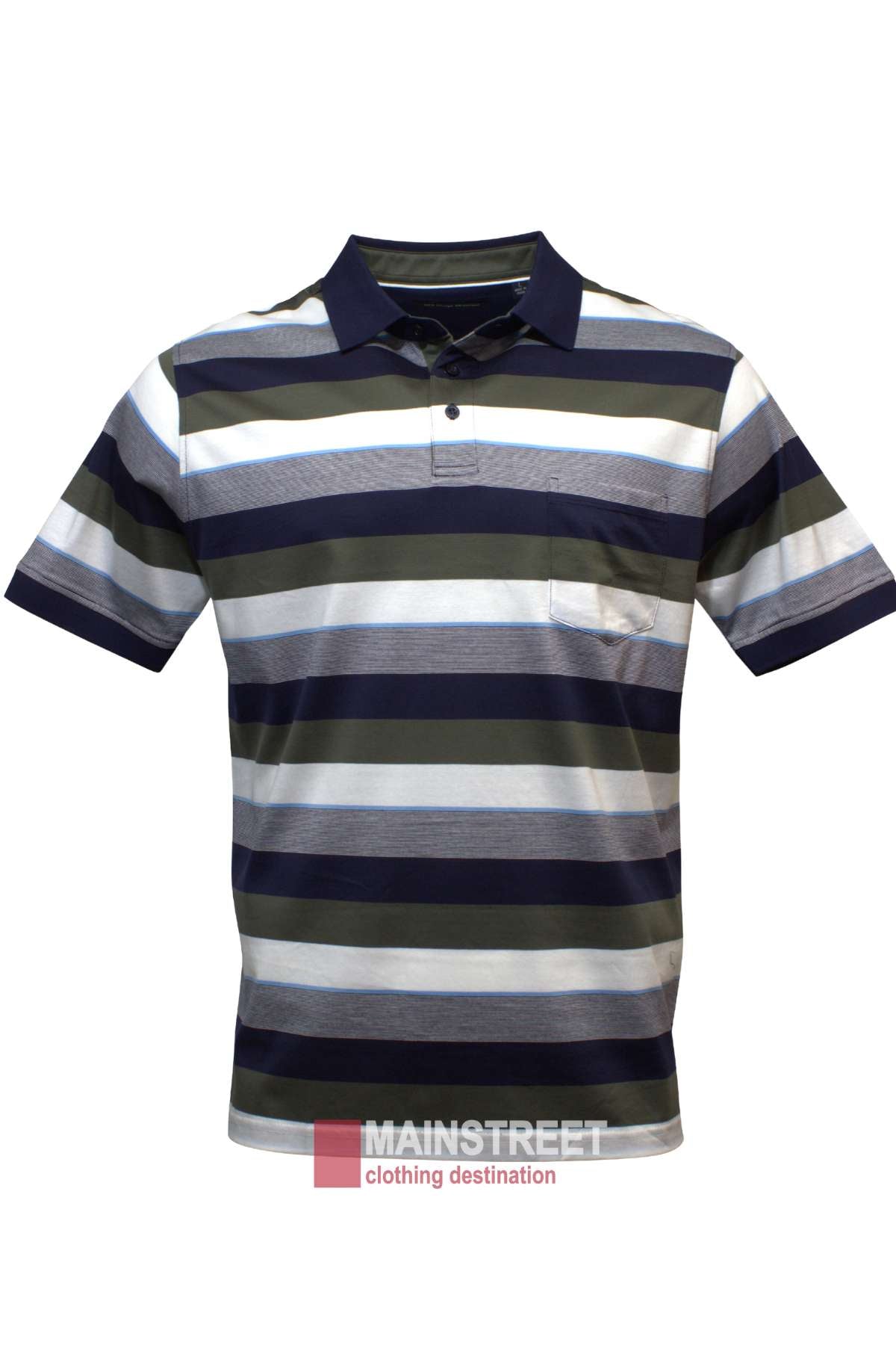 The Bridgeport Club Mercerised Polo features horizontal stripes in navy, gray, black, and white. It includes a collar, short sleeves, and a front pocket with the "MAINSTREET clothing destination" logo at the bottom.