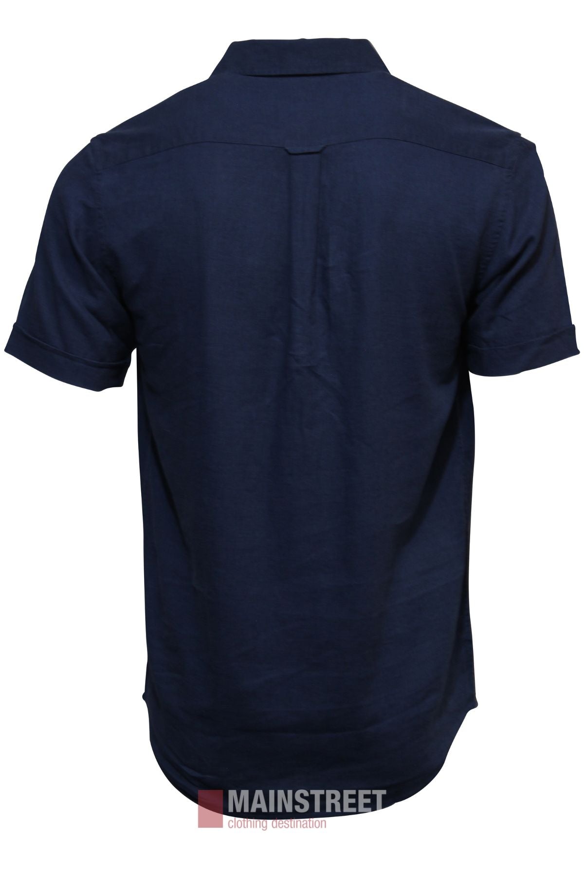 A men's Bridgeport Linen Blend Short Sleeve Shirt in plain navy blue is shown from the back, featuring a center pleat, curved hem, and the MAINSTREET clothing destination logo at the bottom.