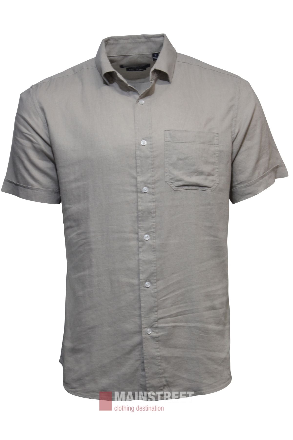 The Bridgeport Linen Blend Short Sleeve Shirt is a men’s light gray casual shirt with a button-up front, single chest pocket, and soft linen blend fabric, shown against a plain white background.