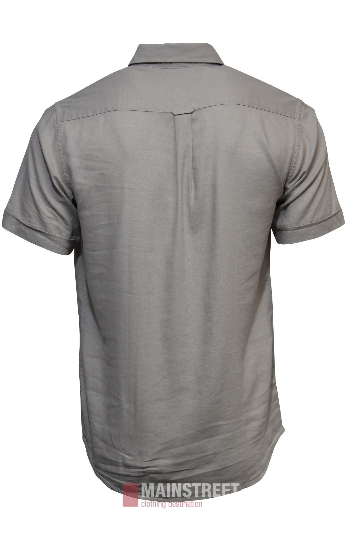 The Bridgeport Linen Blend Short Sleeve Shirt is a men’s casual top in light gray, shown from the back on a white background. It features a collar and straight hem for a classic, timeless look.
