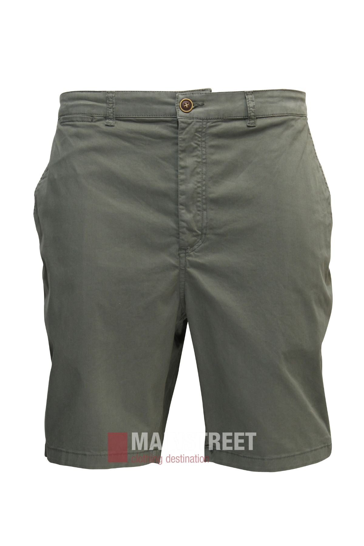 The Bridgeport Le Short Stretch Comfort Fit is a pair of olive green cotton spandex shorts with front pockets, button closure, and belt loops—ideal for everyday wear. Shown on a plain white background.