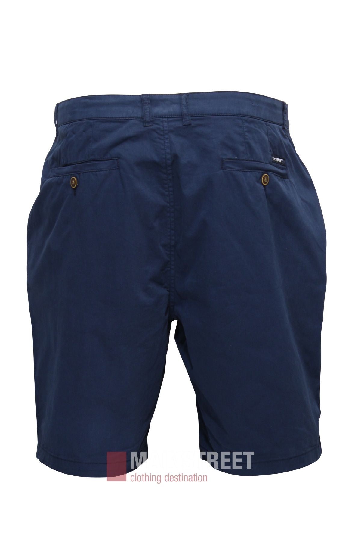A pair of Bridgeport Le Short Stretch Comfort Fit in navy blue for men, shown from the back with two buttoned back pockets and a small brand label above the right pocket.