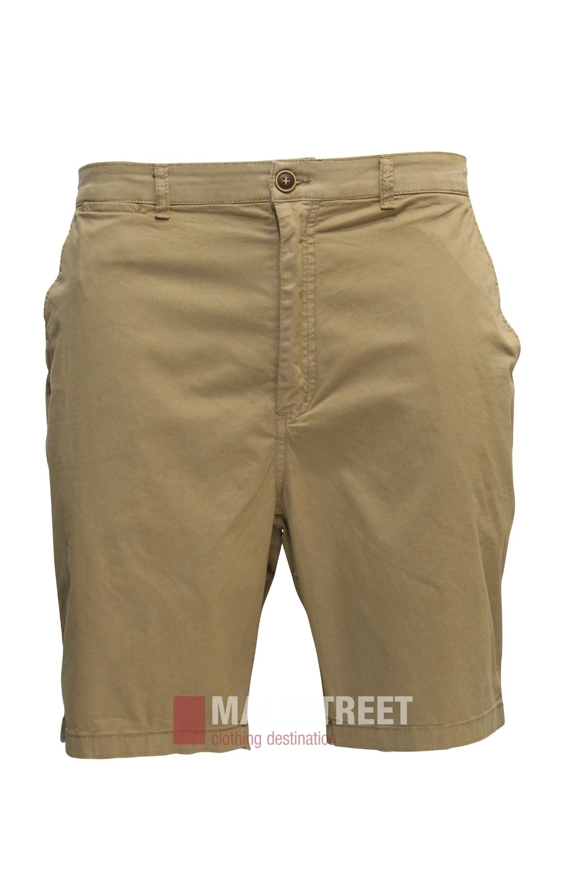 The Bridgeport Le Short Stretch Comfort Fit features front pockets, a button closure, and belt loops in khaki—ideal for everyday wear. Shown on a plain white background.