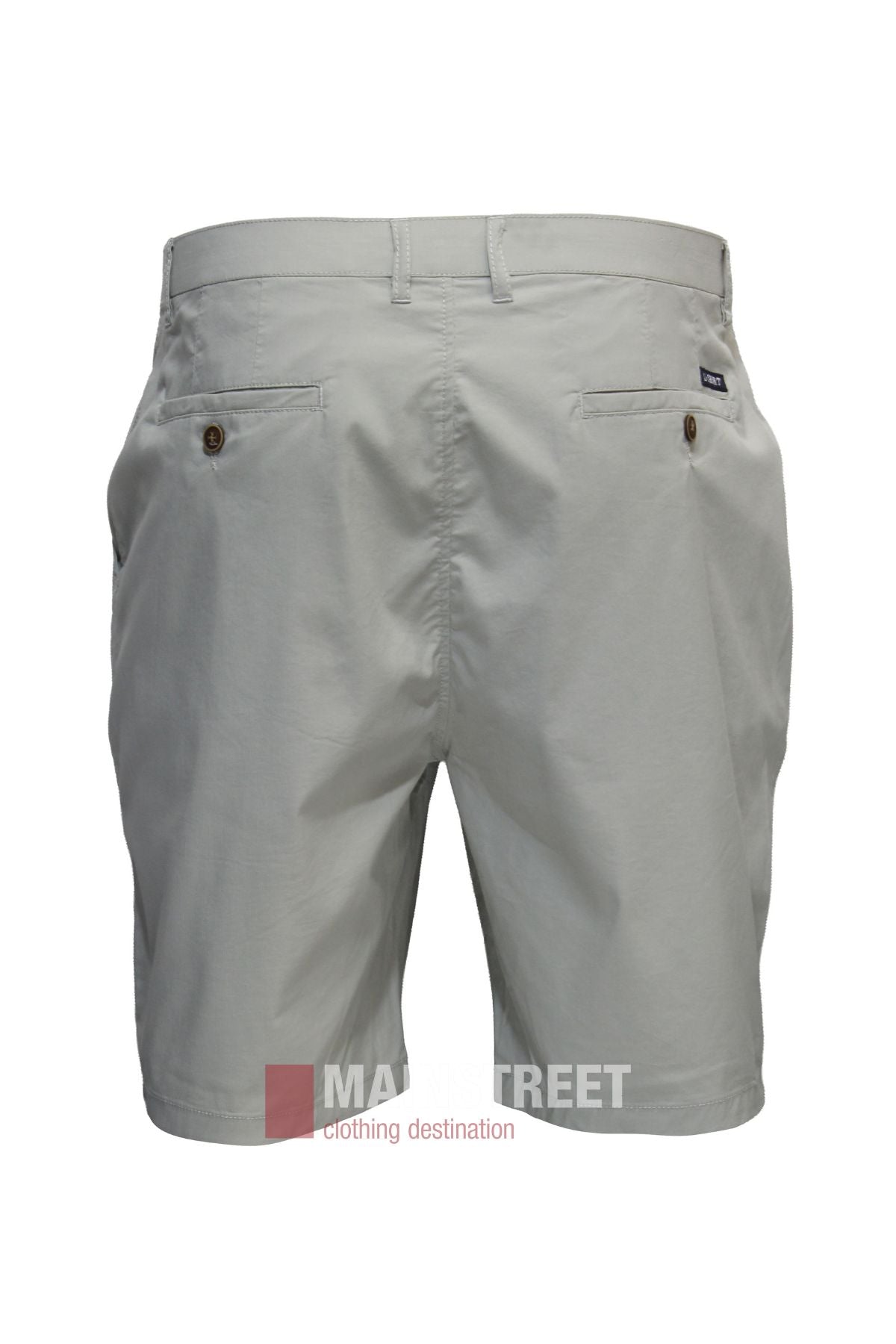 Bridgeport Le Short Super Lightweight men's casual shorts in light gray, shown from the back with belt loops, two buttoned back pockets, and a logo patch above the right pocket. Designed for all-day comfort.