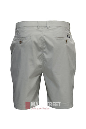 Bridgeport Le Short Super Lightweight men's casual shorts in light gray, shown from the back with belt loops, two buttoned back pockets, and a logo patch above the right pocket. Designed for all-day comfort.