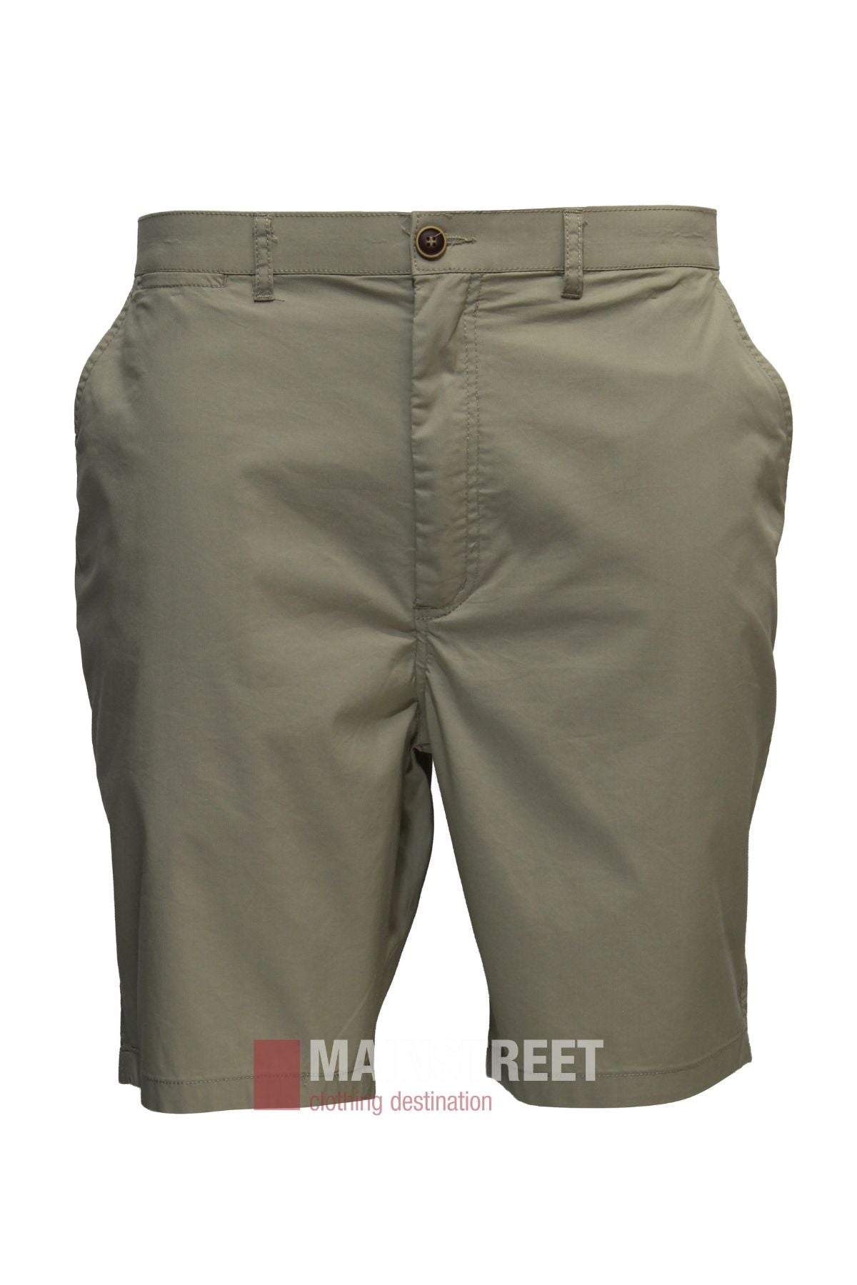 The Bridgeport Le Short Super Lightweight for men, shown in khaki with belt loops, front pockets, button closure, and zip fly, is displayed on a plain white background. A faded logo appears at the bottom center of the image.