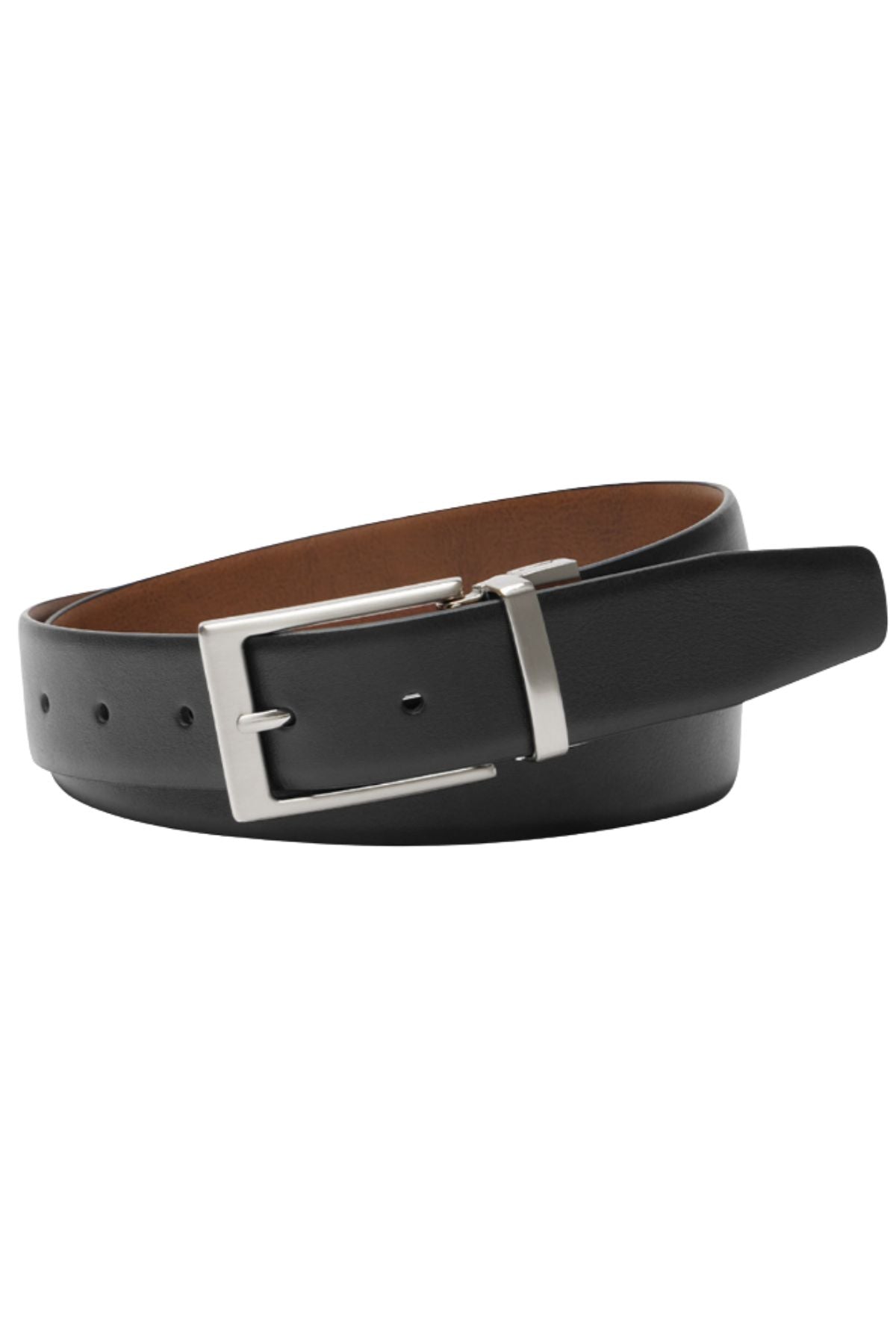 The Buckle 1173 Milan Reversible Leather Belt features black leather, a brushed nickel buckle, and a coiled design that reveals its stylish brown inner lining.