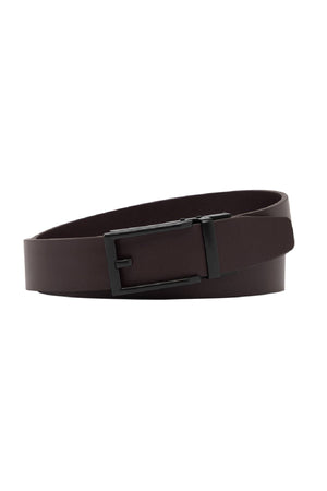 The Buckle 5010 Foreman Auto Club Belt is a dark brown genuine leather accessory, featuring a black rectangular metal buckle. Shown coiled in a simple loop against a white background, this Australian-made belt combines classic style with quality craftsmanship.